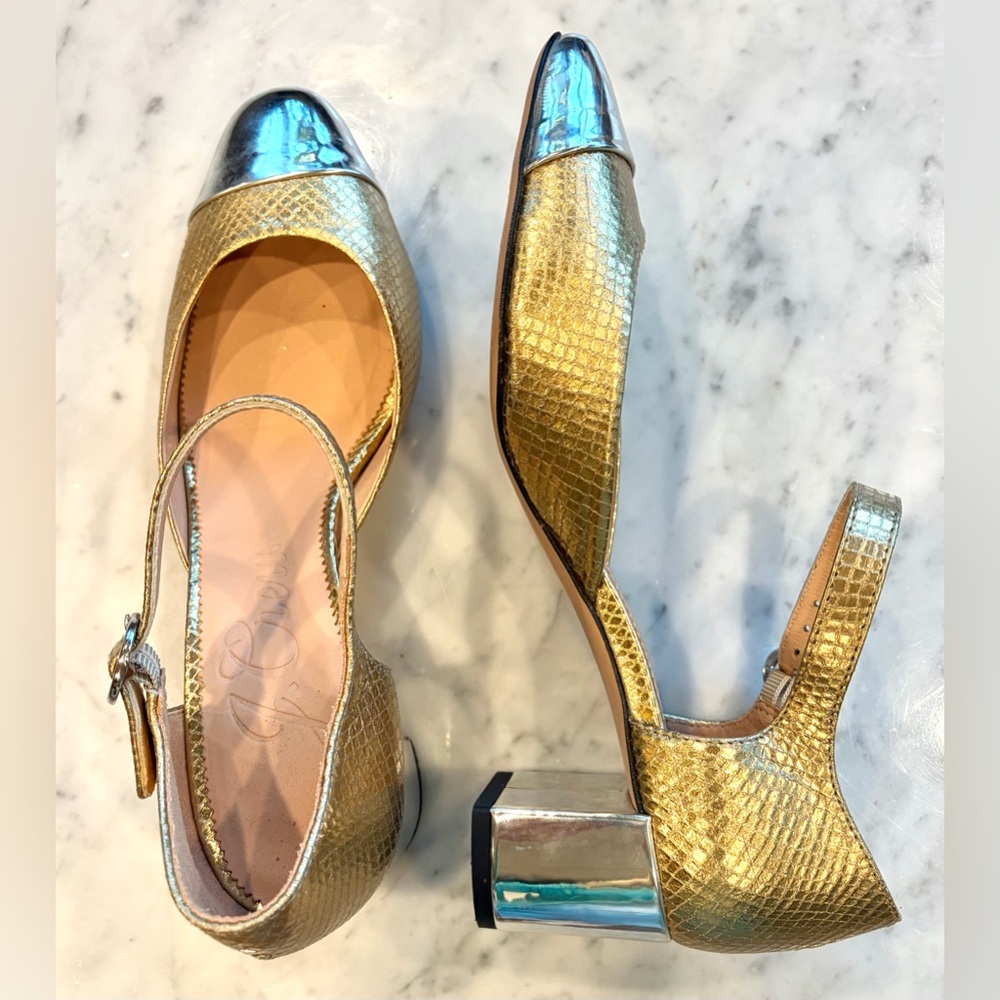 J Crew Millie maryjane heels, snake-embossed gold leather, silver cap toes,8.5 - Picture 13 of 16